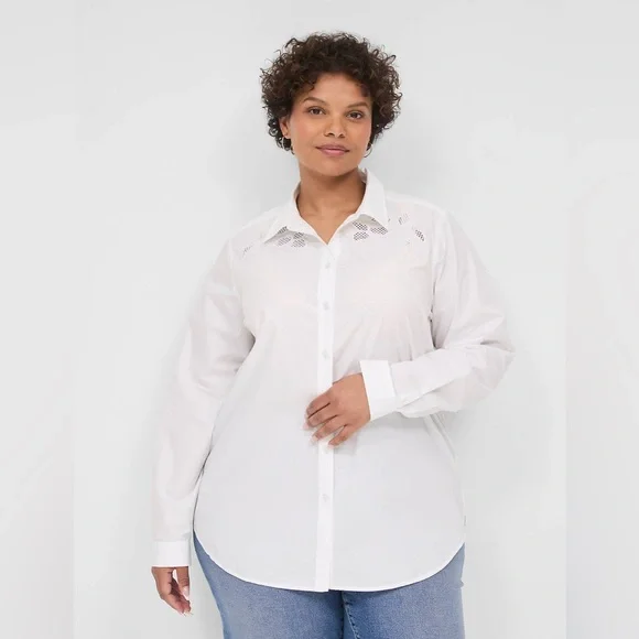 Lane Bryant Tops Lane Bryant White Floral Embroidered Button